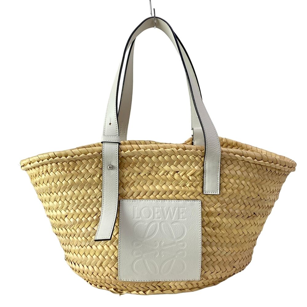 Loewe Basket Tote Bag A223S93X28 Beige White Palm Leaf Calf Leather